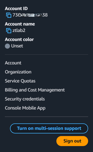 AWS Console account dropdown menu, with Security credentials in the list of links