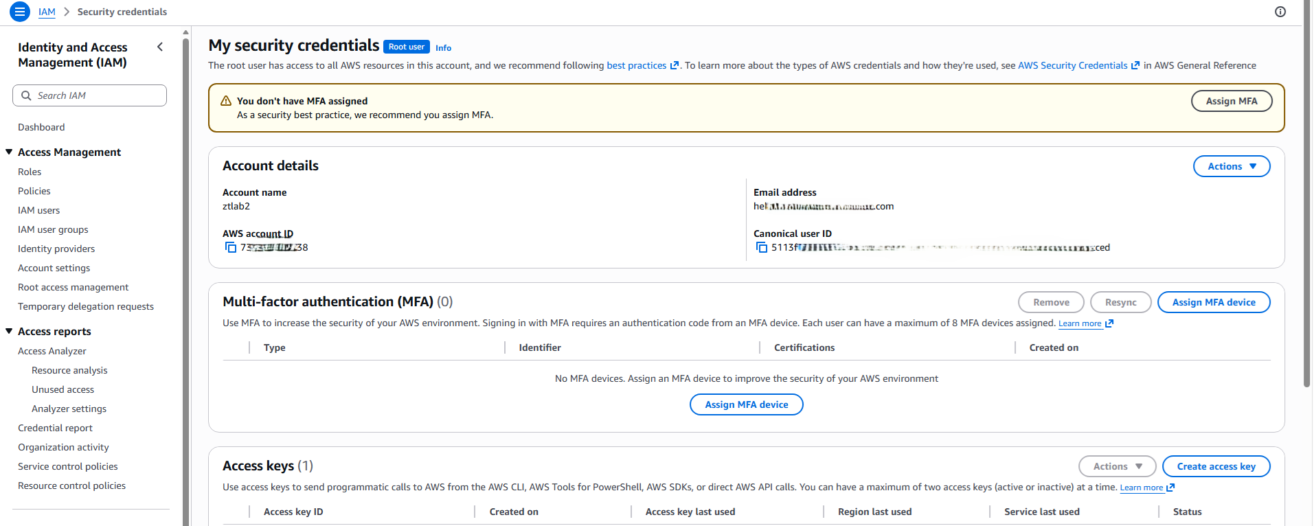 My security credentials page showing the Access keys section and the Create access key button