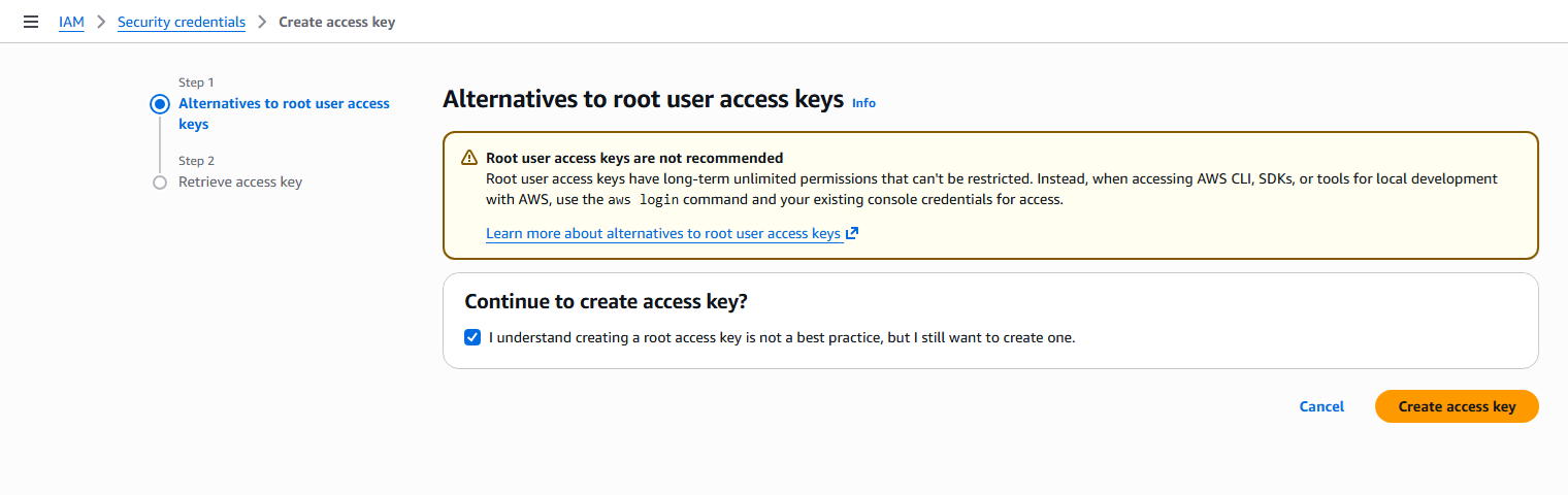 Alternatives to root user access keys page with the I understand checkbox ticked and the Create access key button visible