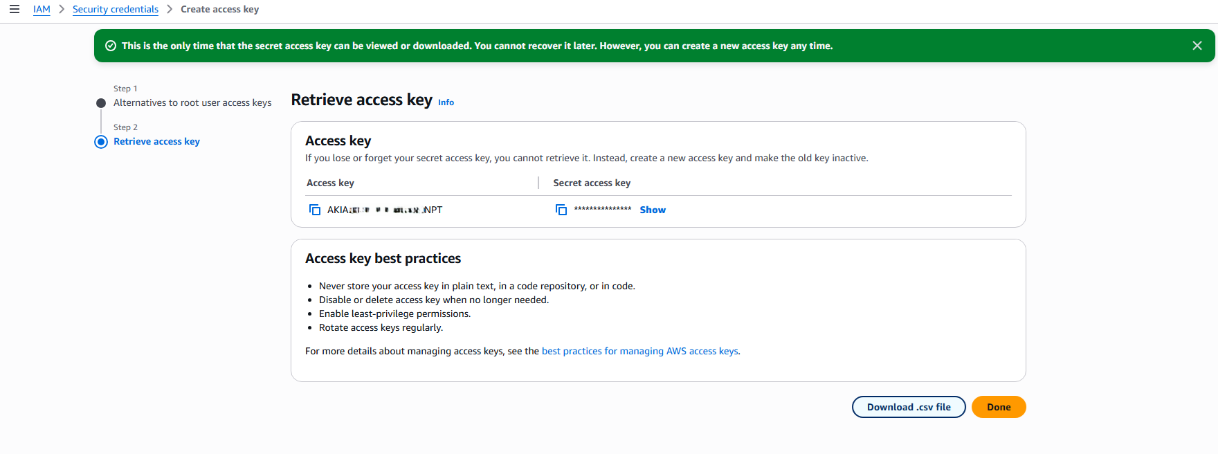 Retrieve access key page showing both values with the Download .csv file button in the bottom-right