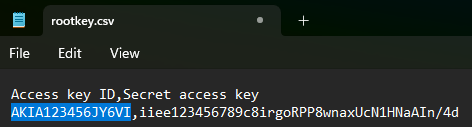 rootkey.csv opened in a text editor, showing Access key ID and Secret access key separated by a comma
